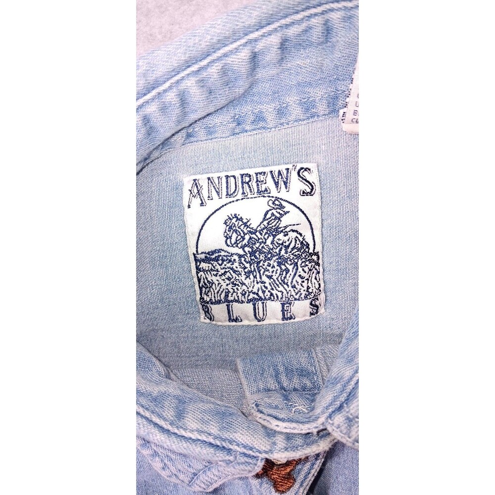 Vintage Andrews Blues Embroidered Button Up Denim Jean Shirt Womens Medium Teddy - Picture 2 of 16